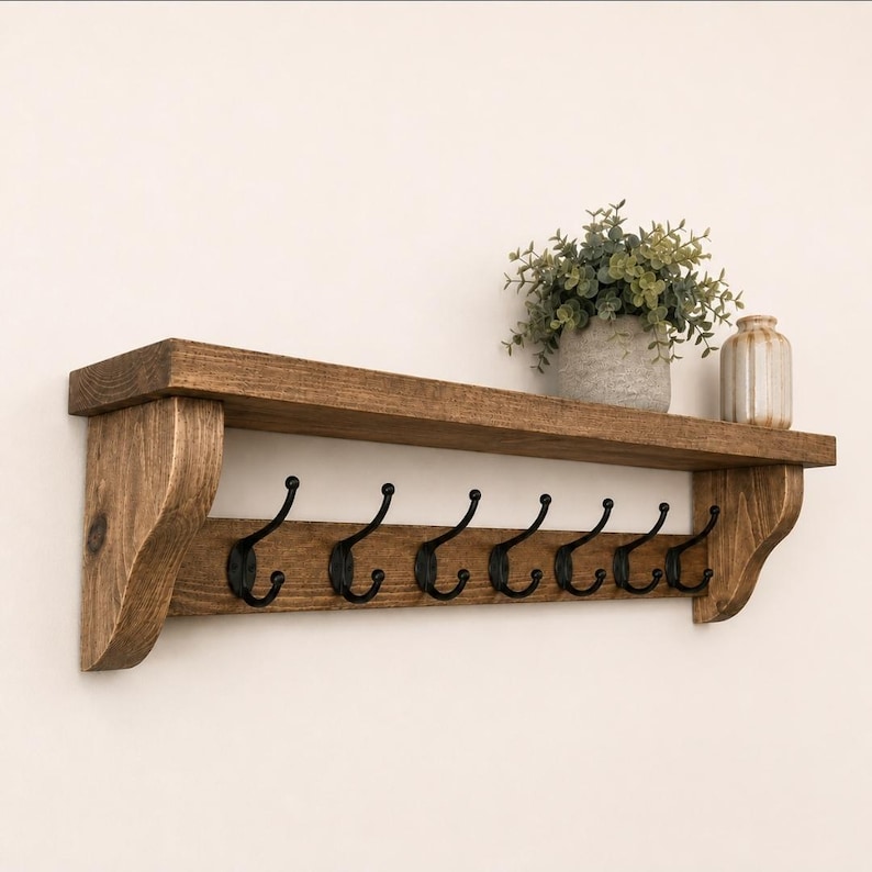 Rustic Coat Rack with Shelf, Handmade Wooden Wall Mounted Coat Hooks, Farmhouse Entryway Shelf, Hallway Storage, Solid Wood image 12