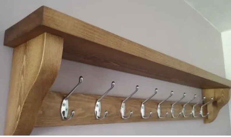 Rustic Coat Rack with Shelf, Handmade Wooden Wall Mounted Coat Hooks, Farmhouse Entryway Shelf, Hallway Storage, Solid Wood image 11