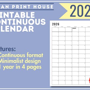 Calendário imprimível de 2026: Planejador contínuo minimalista moderno (PDF) imagem 2