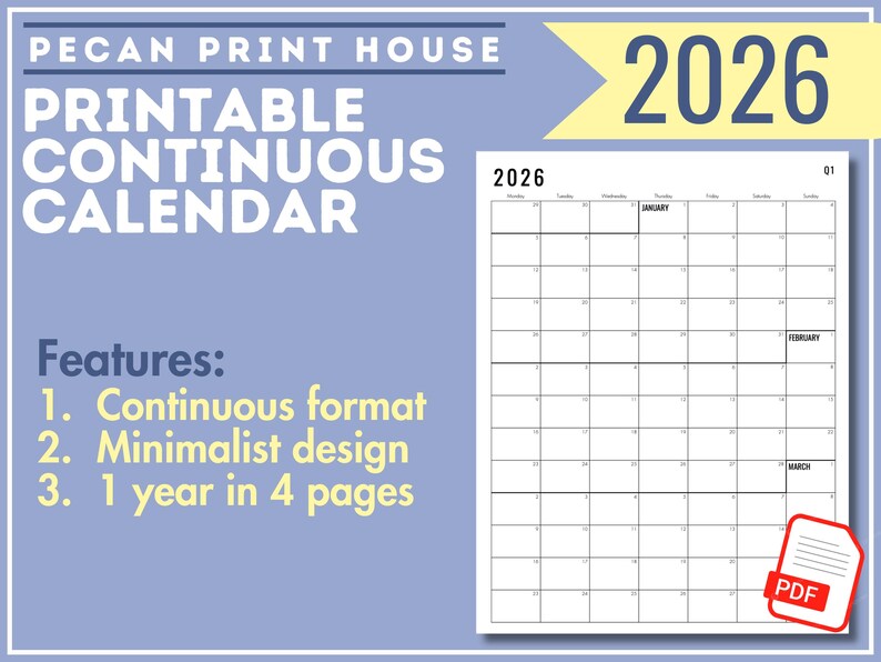 Calendário imprimível de 2026: Planejador contínuo minimalista moderno (PDF) imagem 2