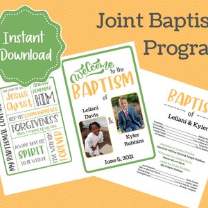Peut inclure: Un programme de baptême conjoint avec les mots "Téléchargement instantané" dans un cercle vert. Le programme comprend les mots "Bienvenue au baptême" et les noms Leilani Davis et Kyler Robbins, avec leurs photos. La date est le 5 juin 2021.