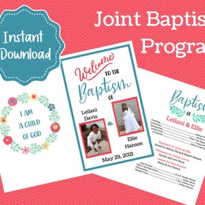 Peut inclure: Un programme imprimable pour une cérémonie de baptême conjointe. Le programme présente un motif de couronne florale avec le texte "Je suis un enfant de Dieu". Le programme comprend également les noms des deux enfants baptisés, Leilani Davis et Ellie Hanson, ainsi que la date du baptême, le 29 mai 2021.