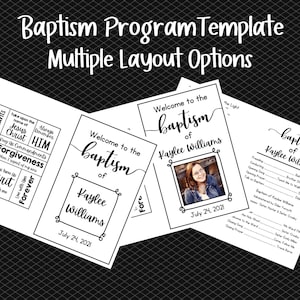 Peut inclure: Modèle de programme de baptême imprimable en noir et blanc avec plusieurs options de mise en page. Le modèle comprend un message de bienvenue, une liste d'engagements baptismaux et un espace pour le nom de la personne baptisée. Le texte "Bienvenue au baptême de Kaylee Williams" est inclus dans le modèle.