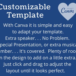 May include: A navy blue graphic with white text that reads "Customizable Template." The text below states "With Canva it is simple and easy to adapt your template." A heart-shaped logo says "I HEART Canva."