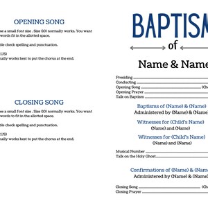 May include: A white document with blue text, featuring the word "BAPTISM" above the phrase "of Name & Name." The document includes sections for song selections, names, and confirmations, suitable for a baptism ceremony.