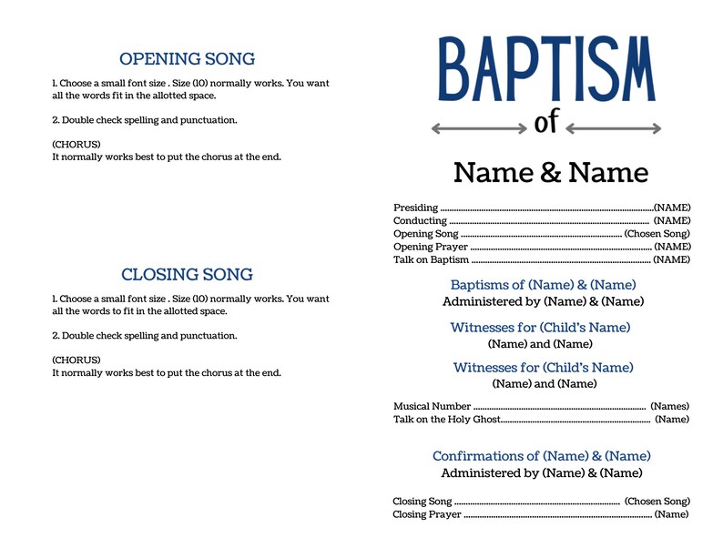 May include: A white document with blue text, featuring the word "BAPTISM" above the phrase "of Name & Name." The document includes sections for song selections, names, and confirmations, suitable for a baptism ceremony.
