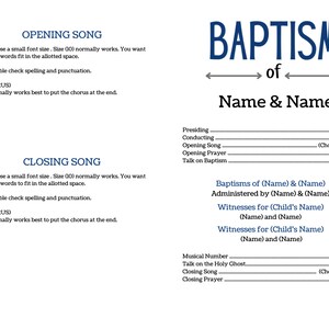 May include: A white document with blue text, titled "BAPTISM of Name & Name." It includes sections for "Opening Song" and "Closing Song," with instructions. There are also sections for names and details related to the baptism ceremony.