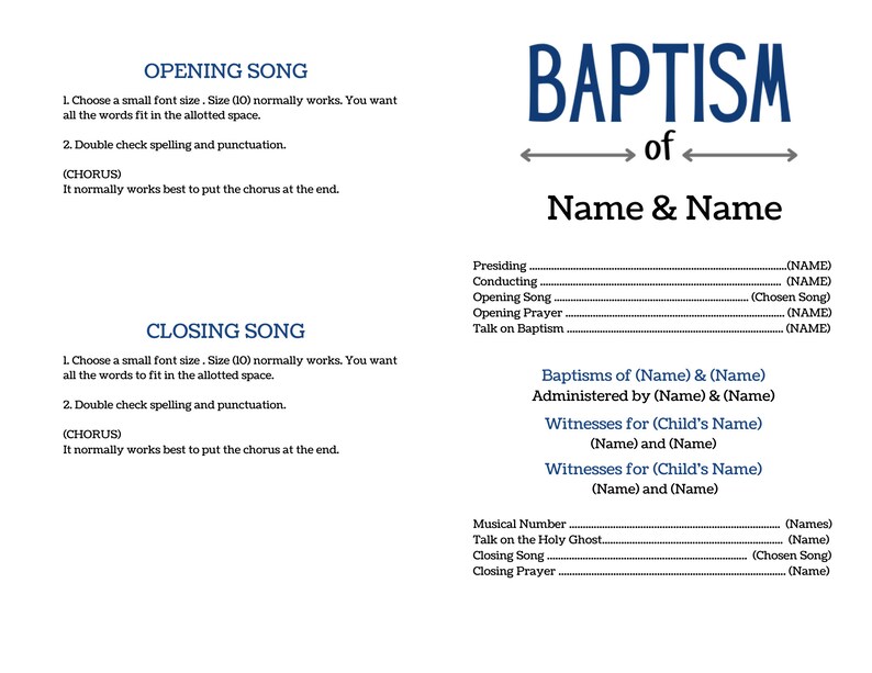 May include: A white document with blue text, titled "BAPTISM of Name & Name." It includes sections for "Opening Song" and "Closing Song," with instructions. There are also sections for names and details related to the baptism ceremony.