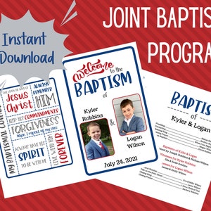 May include: A joint baptism program for Kyler and Logan, with photos of the boys and the date July 24, 2021. The program includes the names of the officiating clergy, witnesses, and family members.