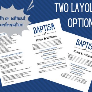 May include: Two baptism announcement layouts are shown on a blue background. The text includes "Baptism of Kyler & William" and "Two Layout Options". One layout includes the text "with or without confirmation".