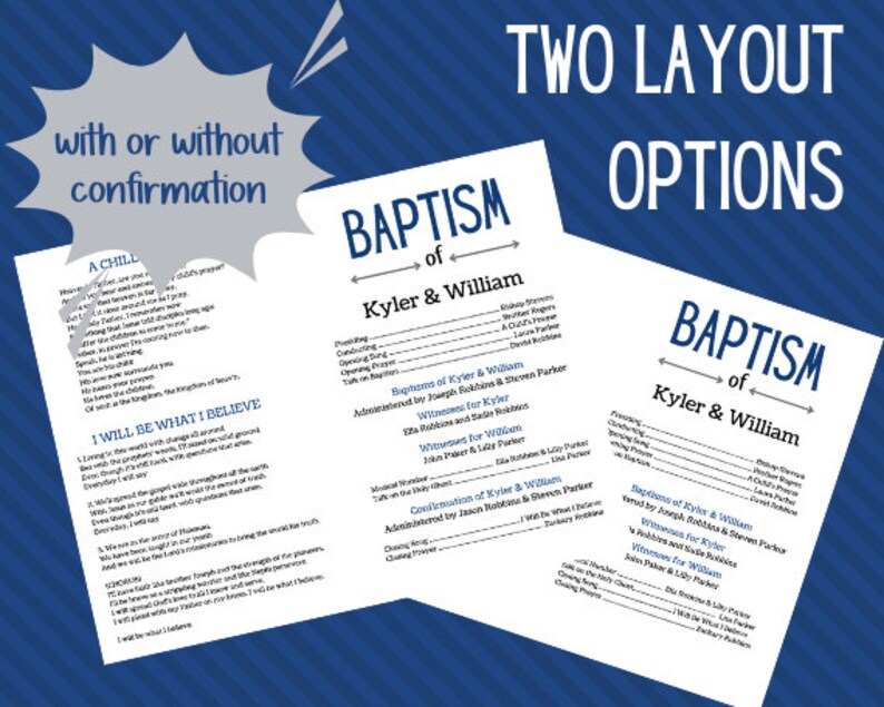 May include: Two baptism announcement layouts are shown on a blue background. The text includes "Baptism of Kyler & William" and "Two Layout Options". One layout includes the text "with or without confirmation".