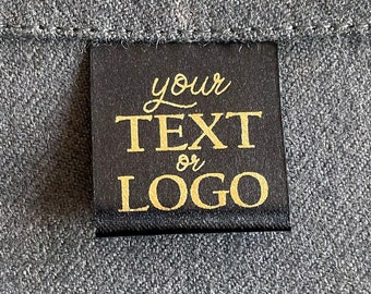 Vierkante zwarte en gouden labels, aangepaste zwarte satijn gouden inkt branding tags, naaien logo tags