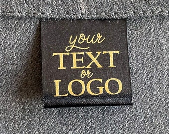 Square Black & Gold Labels, Custom Black Satin Gold Ink Branding Tags, Sewing Logo Tags