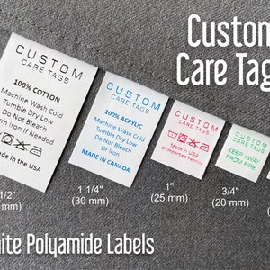 Custom Care Labels, Polyamide Washing Care Tags, Hanging White Sewing Labels image 1