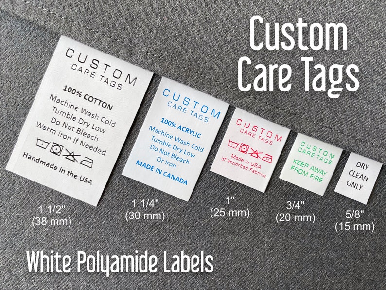 Custom Care Labels, Polyamide Washing Care Tags, Hanging White Sewing Labels image 1