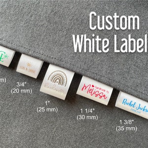 Etiquettes blanches personnalisées, encre : noir, rouge, bleu, vert, or ou argent, étiquettes de marque en satin rabattables image 1