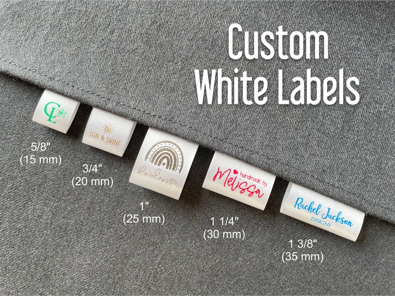 Custom White Labels, Ink: Black, Red, Blue, Green, Gold or Silver, Fold Over Satin Brand Tags image 1