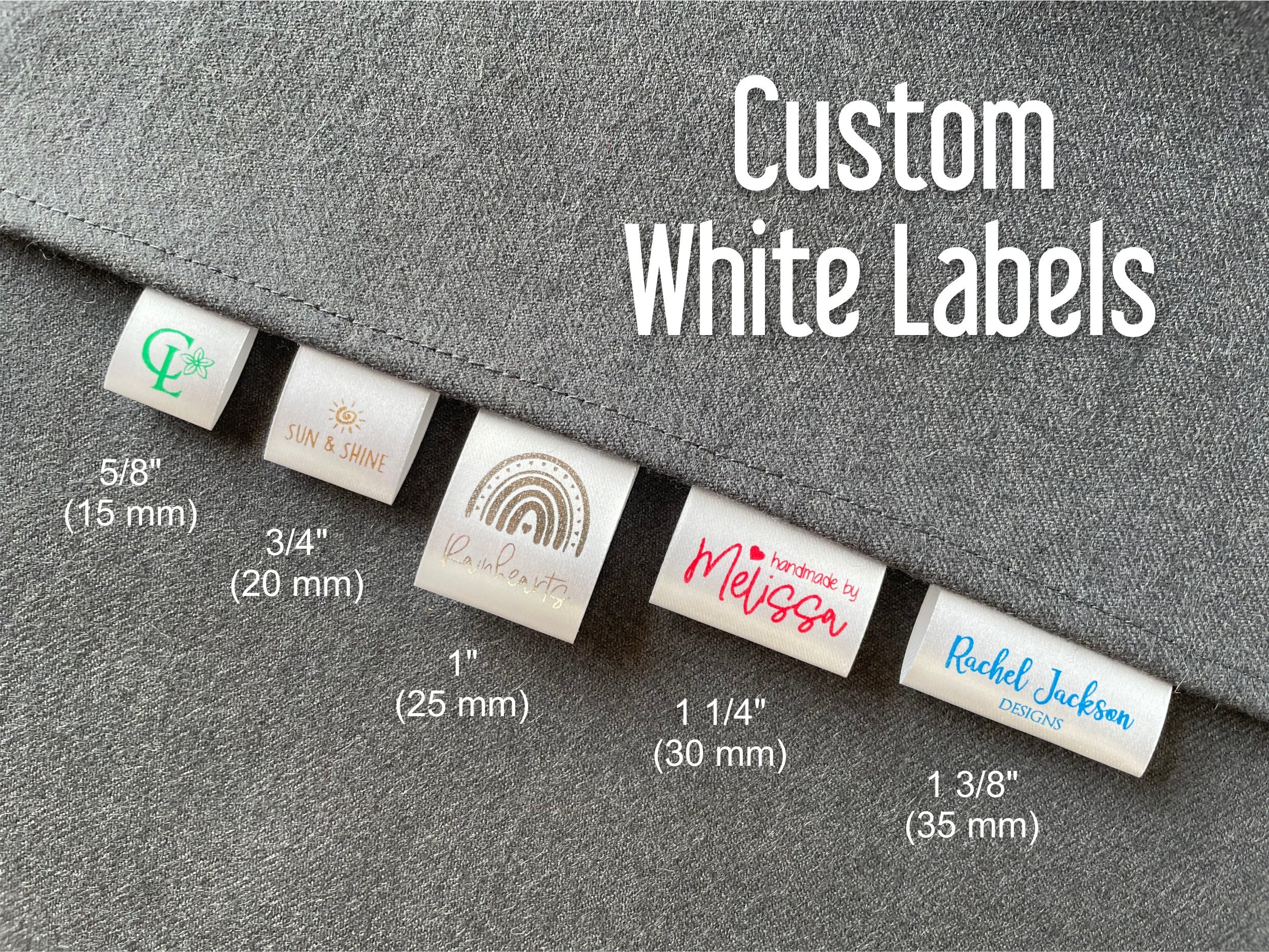 Custom White Labels, Ink: Black, Red, Blue, Green, Gold or Silver, Fold  Over Satin Brand Tags 