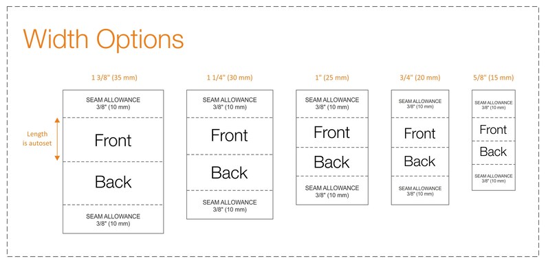 May include: Diagram showing different width options for a fabric project, with measurements in inches and millimeters. The length is autoset. The diagram shows the front and back of the fabric piece, with seam allowance included.