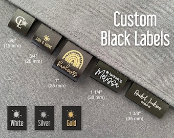 Custom Black Labels, Ink: White, Gold  or Silver, Fold Over Satin Clothing Tags