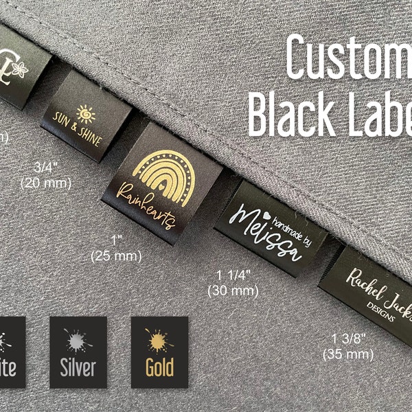 Custom Black Labels, Ink: White, Gold  or Silver, Fold Over Satin Clothing Tags