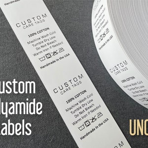 2000 Per Roll Uncut Custom Polyamide Wash Care Labels, Ink Options: Black, Red, Blue & Green