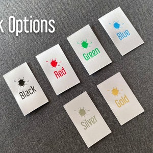 Custom White Labels, Ink: Black, Red, Blue, Green, Gold or Silver, Fold Over Satin Brand Tags image 2