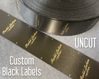 Black Satin Custom Labels on a Roll, 500-5000 Per Roll Uncut Black Sewing Tags, Ink Options: White, Silver & Gold