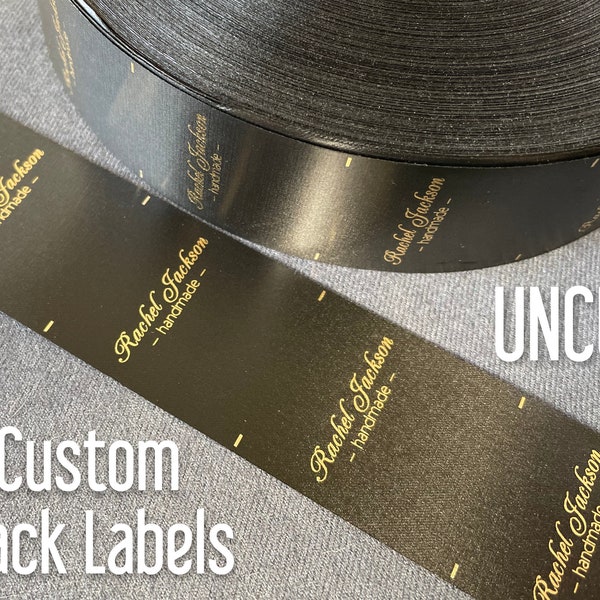 Black Satin Custom Labels on a Roll, 500-5000 Per Roll Uncut Black Sewing Tags, Ink Options: White, Silver & Gold