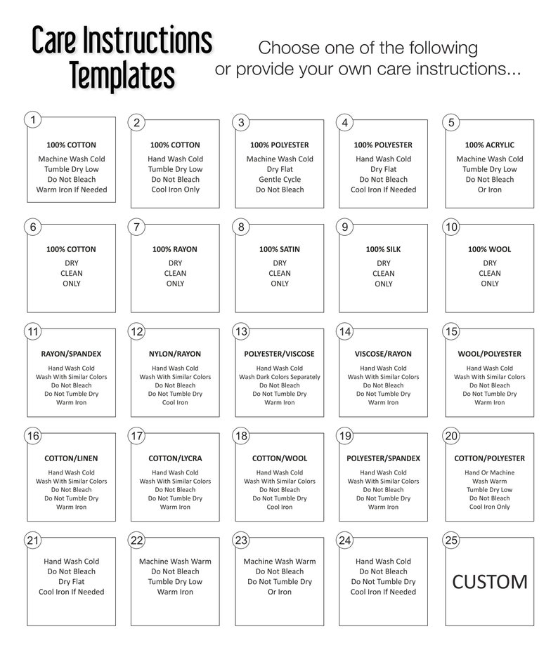May include: A chart with 25 numbered squares, each containing a different fabric type and care instructions. The chart is titled "Care Instructions Templates" and includes instructions for washing, drying, and ironing various fabrics, such as cotton, rayon, polyester, silk, wool, and blends.