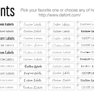 K&ouml;nnte beinhalten: Eine Tabelle mit 40 verschiedenen Schriftarten f&uuml;r "Custom Labels". Die Schriftarten reichen von einfach und fett bis hin zu kursiv und verspielt. Die Tabelle enth&auml;lt die Website-Adresse dafont.com.