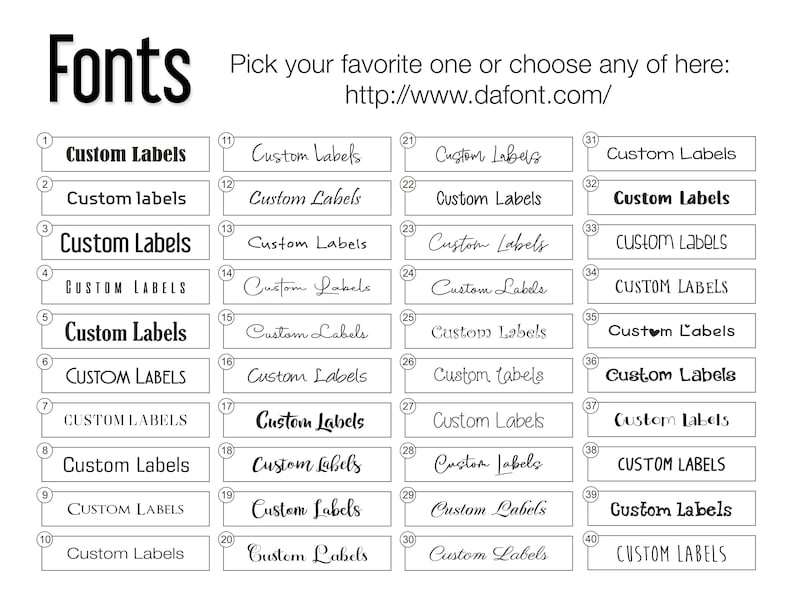 K&ouml;nnte beinhalten: Eine Tabelle mit 40 verschiedenen Schriftarten f&uuml;r "Custom Labels". Die Schriftarten reichen von einfach und fett bis hin zu kursiv und verspielt. Die Tabelle enth&auml;lt die Website-Adresse dafont.com.