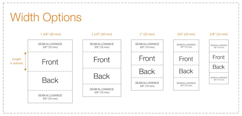 K&ouml;nnte beinhalten: Diagramm mit verschiedenen Breitenoptionen f&uuml;r ein Stoffprojekt, mit Ma&szlig;en in Zoll und Millimetern. Die L&auml;nge wird automatisch eingestellt. Das Diagramm zeigt die Vorder- und R&uuml;ckseite des Stoffst&uuml;cks, einschlie&szlig;lich der Nahtzugabe.
