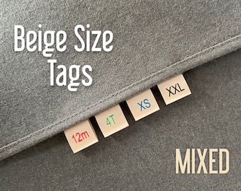 Beige Size Clothing Labels, Mixed Satin Labels, Adult Sizes, Baby and Kids Sizes, Finished Size: 5/8" x 5/8" (15 mm x 15 mm)