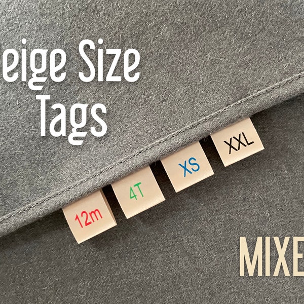 Beige Size Clothing Labels, Mixed Satin Labels, Adult Sizes, Baby and Kids Sizes, Finished Size: 5/8" x 5/8" (15 mm x 15 mm)