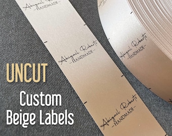 Custom Beige Logo Labels, 500-5000 Per Roll Uncut Beige Satin Sewing Clothing Tags, Ink Options: Black, Red, Blue & Green