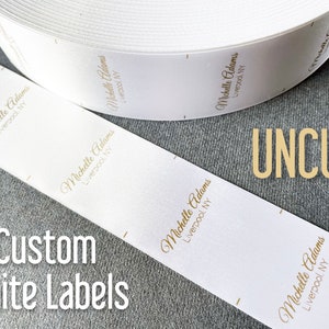 Custom Logo Tags, 500-5000 Per Roll Uncut White Satin Sewing Clothing Labels, Ink Options: Black, Red, Blue, Green, Silver & Gold