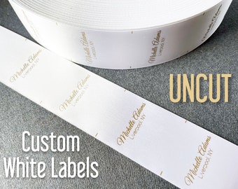 Custom Logo Tags, 500-5000 Per Roll Uncut White Satin Sewing Clothing Labels, Ink Options: Black, Red, Blue, Green, Silver & Gold