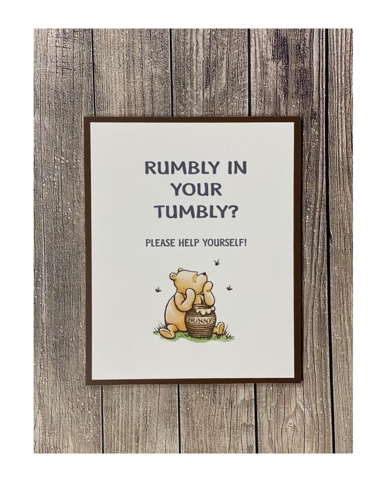 10 inches tall by 8 inches wide vintage Winnie the Pooh party "Rumbly in your Tumbly?" Sign for your food/desert table