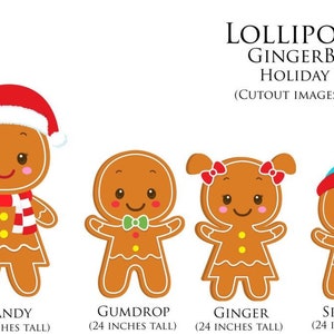 May include: Gingerbread family holiday yard cutouts. The image features six gingerbread characters with different accessories. Kringle is 36 inches tall, Kandy is 30 inches tall, and Gumdrop, Ginger, Sprinkles, and Kookie are each 24 inches tall. The text "Lollipops Galore" is at the top.