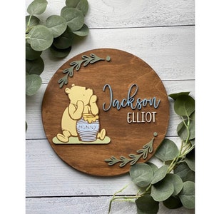 Customized door sign 12 inches wide x 1/2 thick round vintage Winnie the Pooh inspired Sign for your nursery decoration! Baby gift