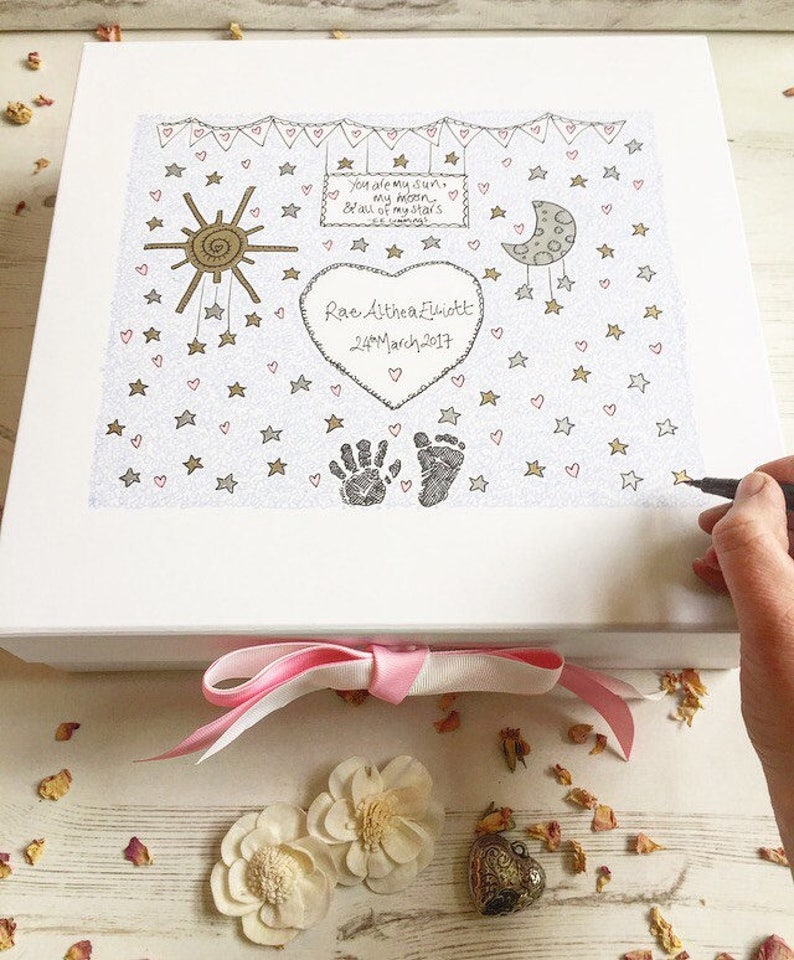 Baby Keepsake Box Handdrawn Baby Shower Gift Personalised Memory Box