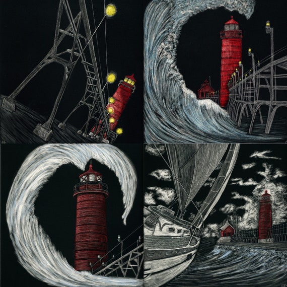 Get crafty with your Grand Haven, Michigan lighthouses!  2D metal images in a wooden decorative stand!
