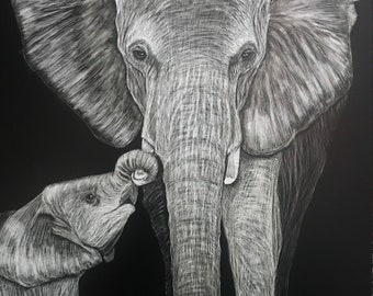 Baby elephant scratchboards - original or print!