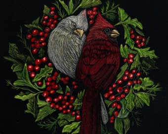 High shine metal ornaments printed from my original work!!! Scratchboard reproductions of my cardinal birds! FREE SHIPPING!