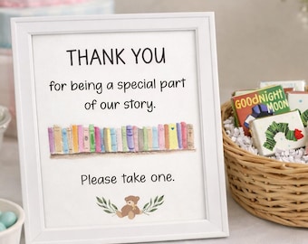 Tabliczka na stół z upominkami na baby shower, do pobrania w wersji cyfrowej, proszę wziąć jedną książkę z opowiadaniami | Nowy motyw rozdziału