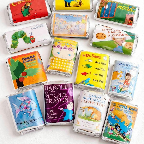 Baby Shower Storybook theme |  New Chapter theme | Miniature Chocolate Wrappers | Favors | Glossy Adhesive Favor Wraps