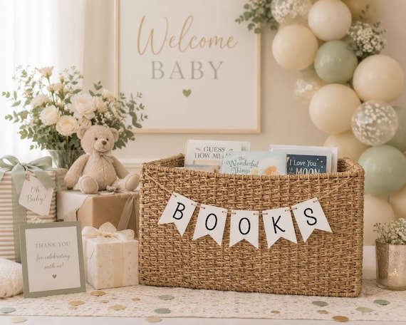 Baby Shower "BOOKS" Mini banner| Baby's First Library Sign | Bring a Book instead of a Card | Gender Neutral Baby Shower Decor