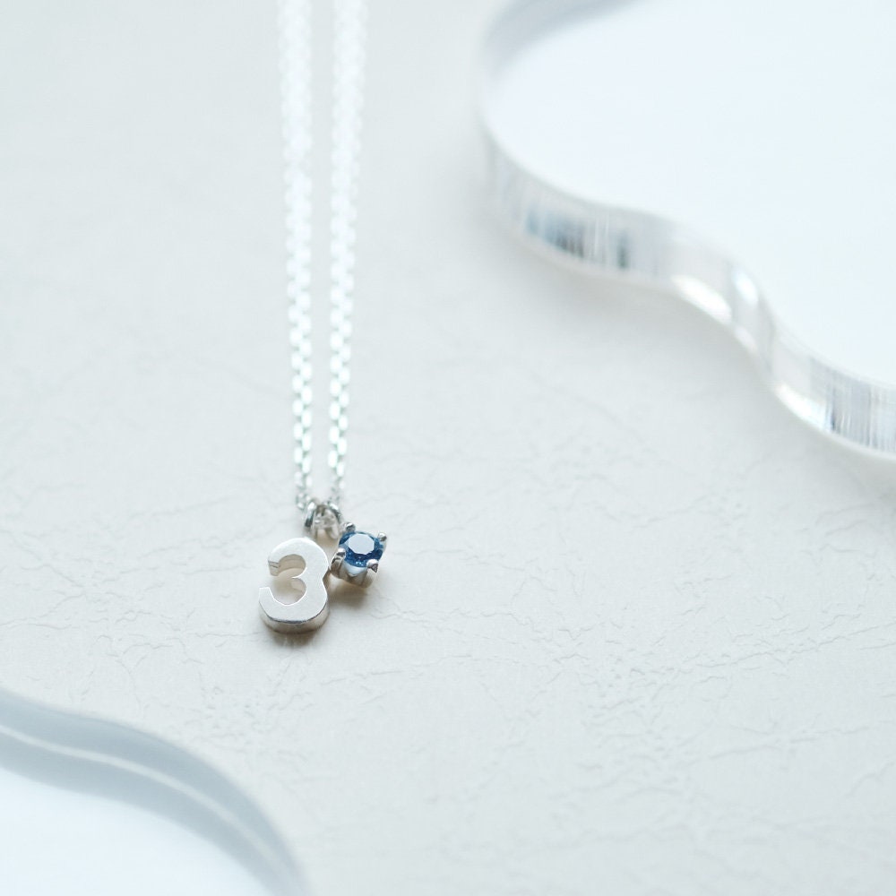 Number 3 Necklace Aquamarine Necklace 925 Sterling Silver Dainty Necklace Lucky Number March Birthstone