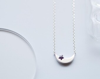 Half Moon Amethyst Star Necklace 925 Sterling Silver Tiny Galaxy Crescent Moon February Birthstone